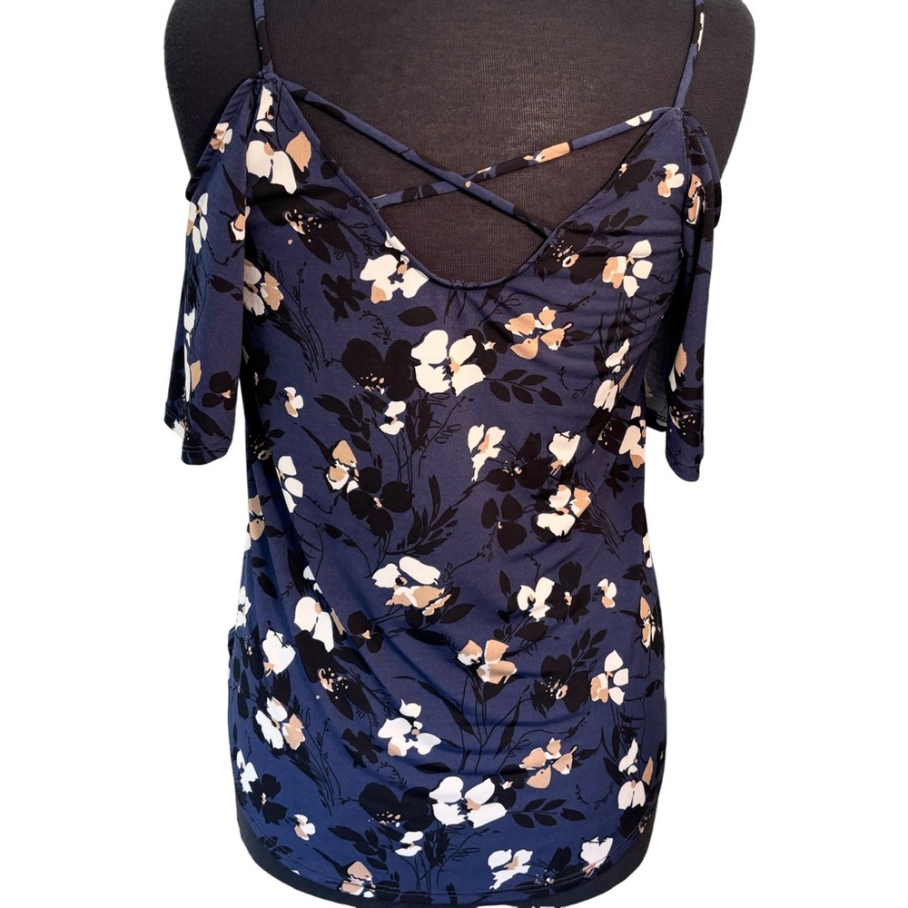 Kaileigh Navy Off Shoulder Floral Top, Women Sz S, Back Criss Cross Design - Picture 3 of 11
